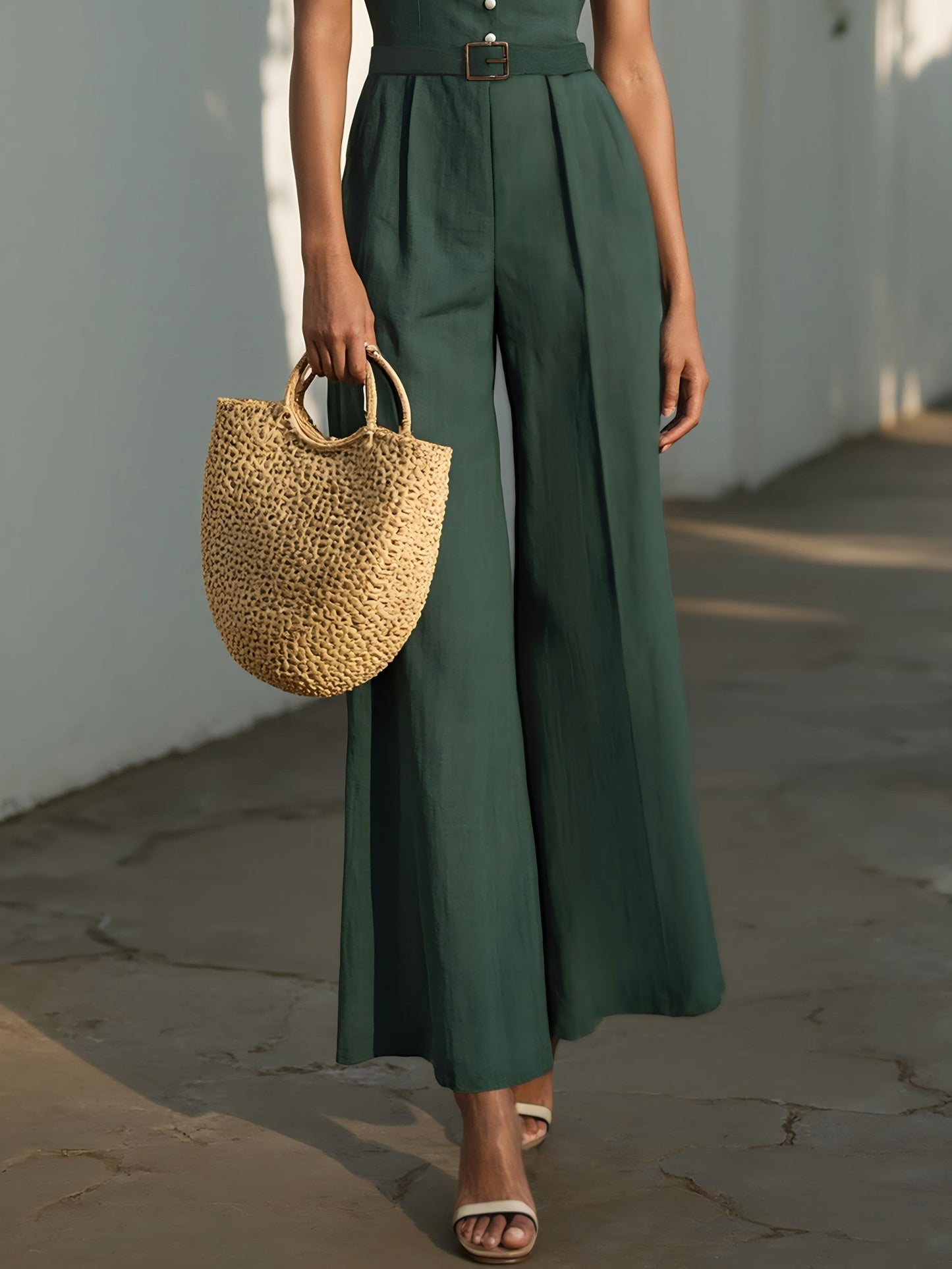 Linen Jumpsuit , Sleeveless, V Neck, Plain, Button Design, Vintage, Green