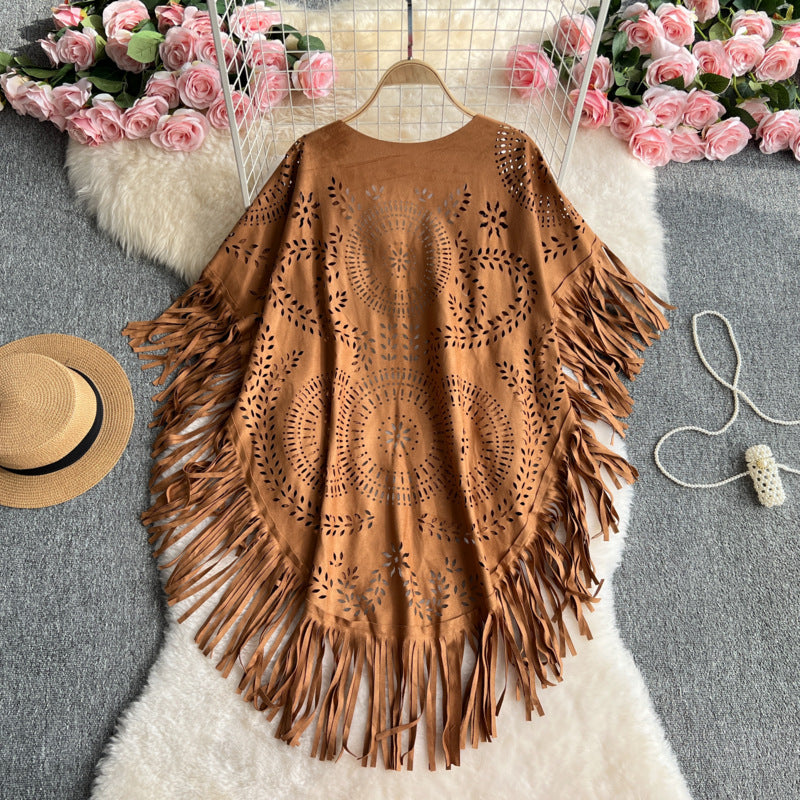 Western Cowboy Suede Hollow Oversized Cape Shawl
