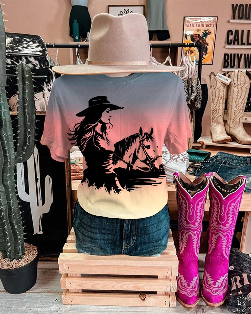 Barbie Cowgirl Gradient Crew Neck Short Sleeve T-shirt