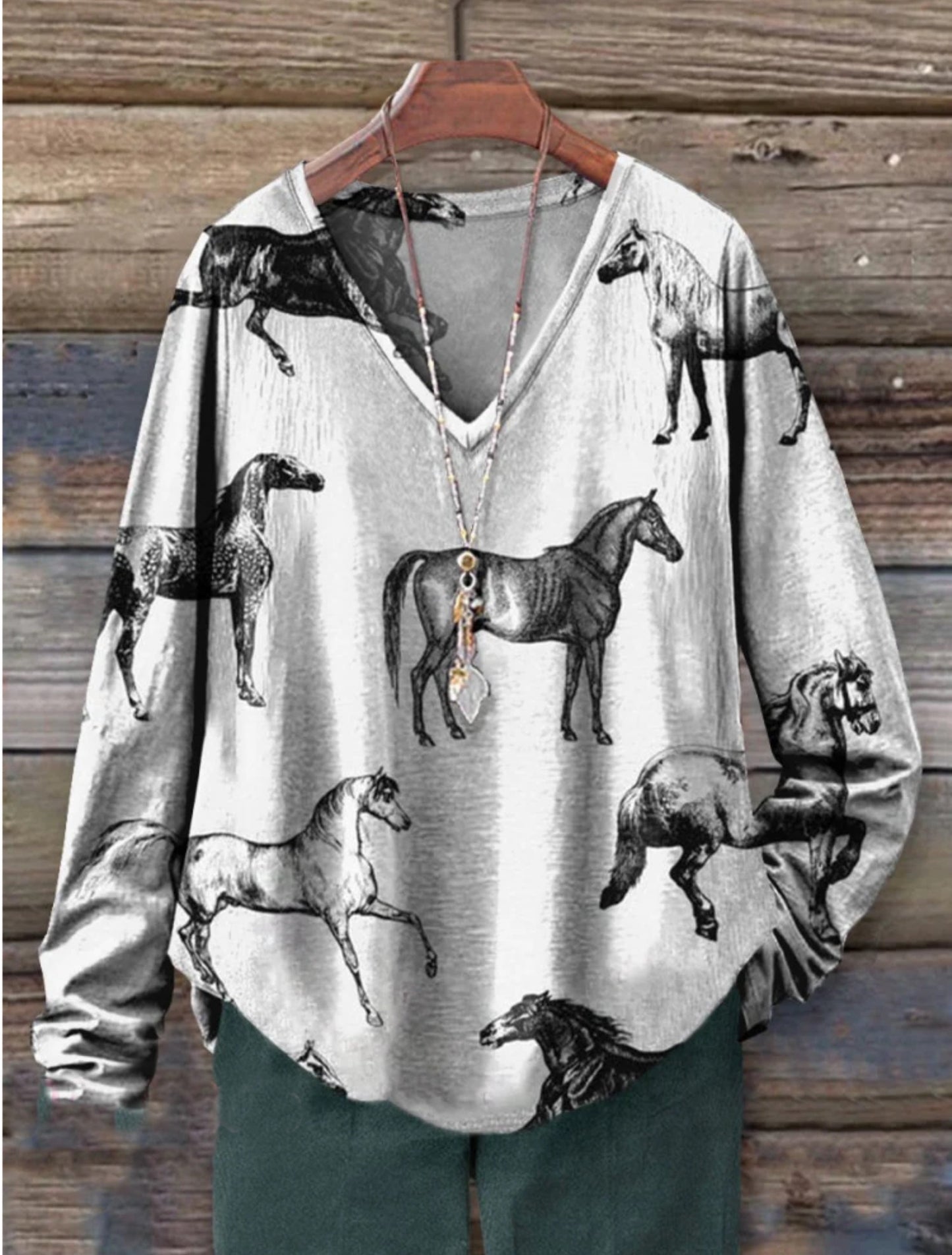 Women's Vintage Horse Art Print 100% Cotton Casual V-neck Long Sleeve Shirt