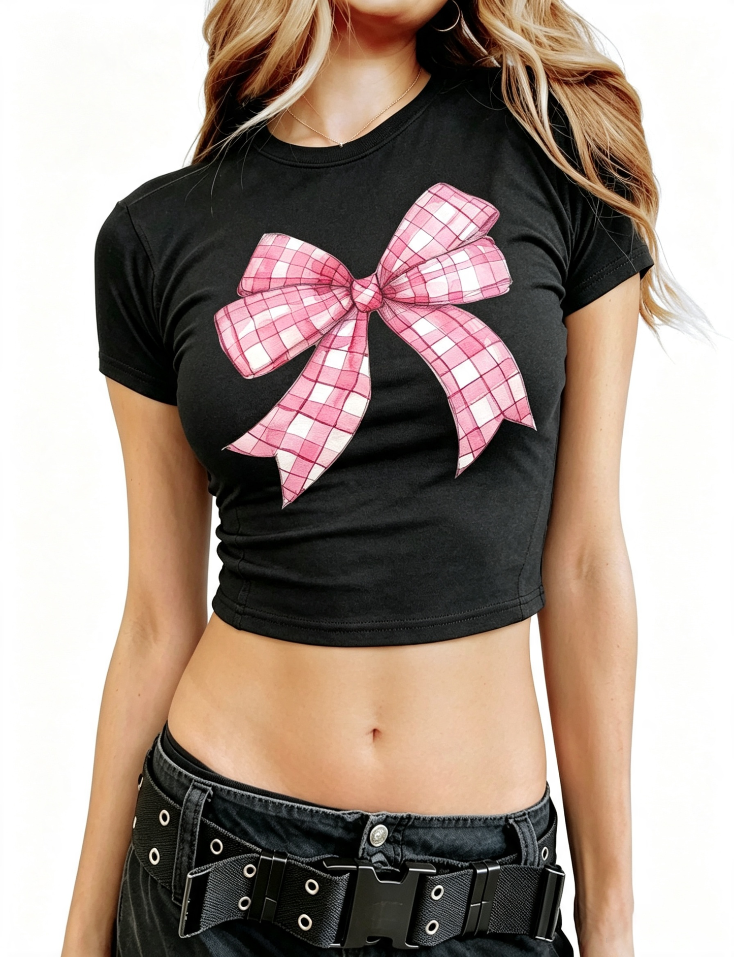 Pink Gingham Bow Baby Tee