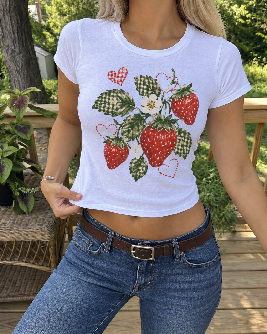 White Strawberry Heart Graphic Baby Tee