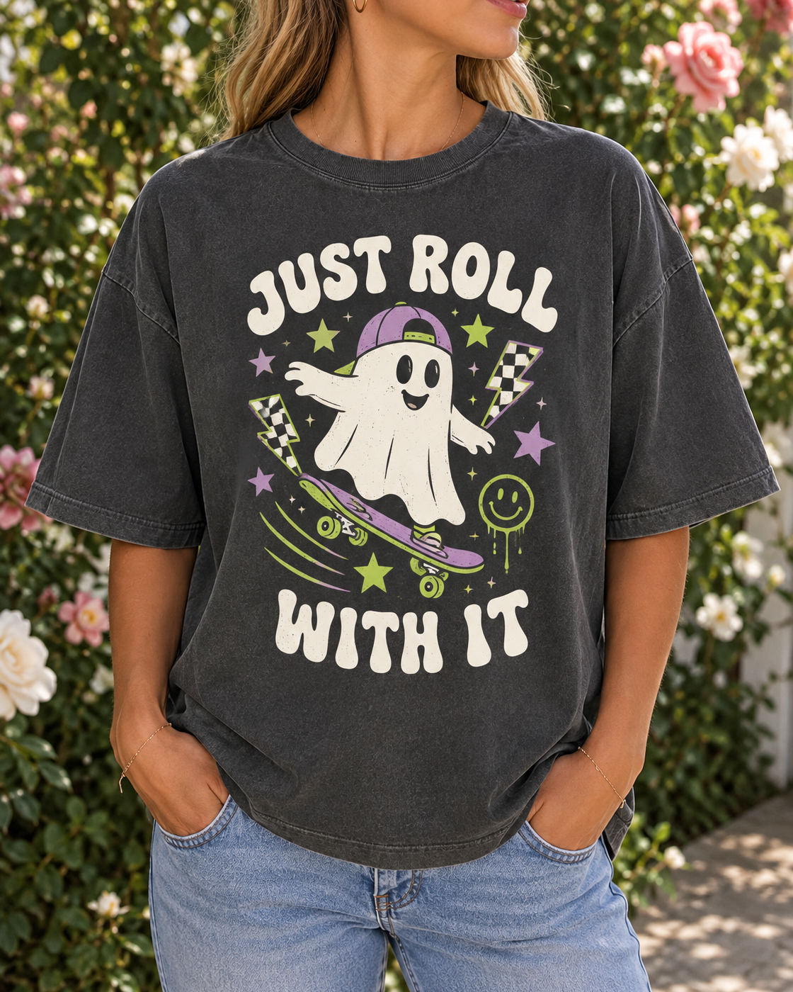 Charcoal Just Roll With It Ghost Graphic Tee
