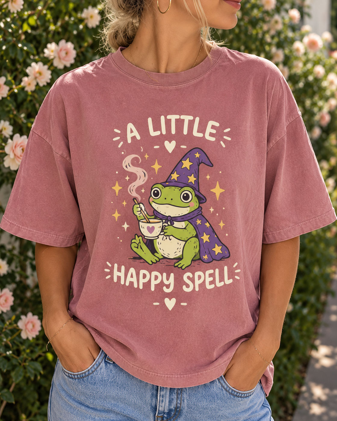 Pink A Little Happy Spell Frog Graphic Tee