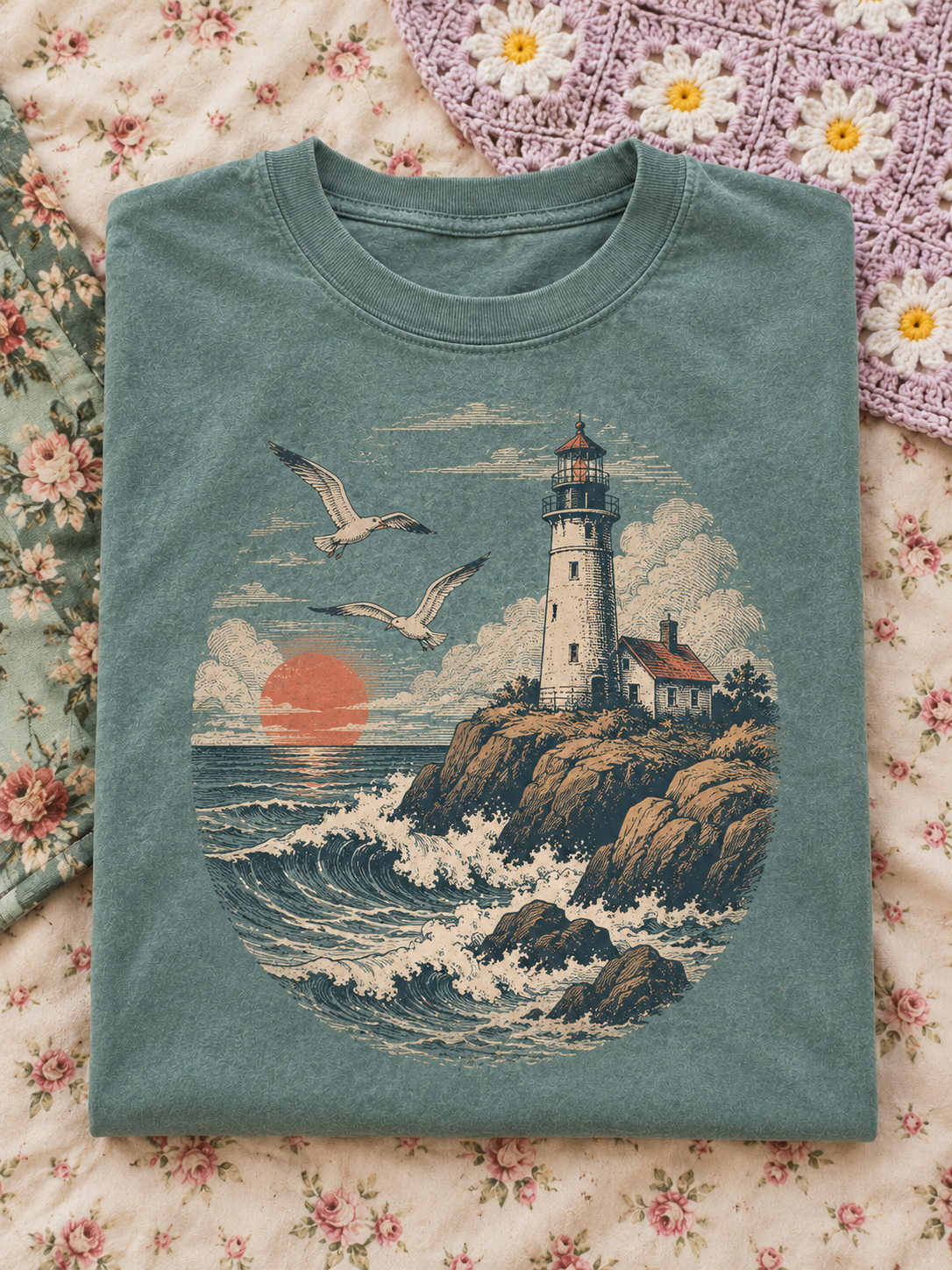 Teal Lighthouse Sunset Graphic Tee