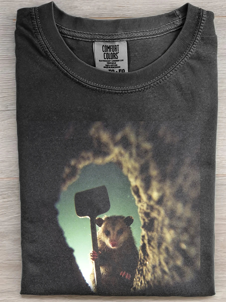 Vintage Washed Black Cave Opossum Holding Shovel Funny Graphic Short Sleeve Tee