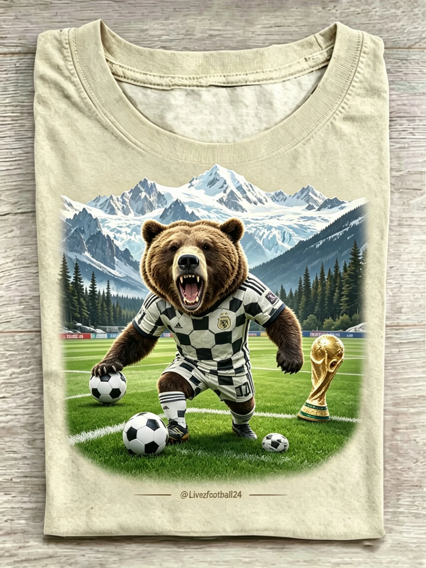 Brown Bear In Football Jersey World Cup Trophy Snow Mountain Khaki Crew Neck Tee
