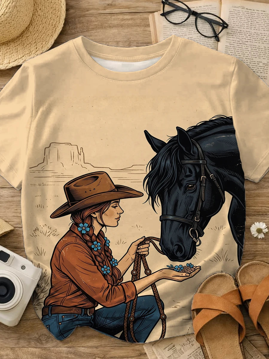 Beige Vintage Western Braided Cowgirl & Black Horse Desert Landscape Print Crew Neck T-shirt