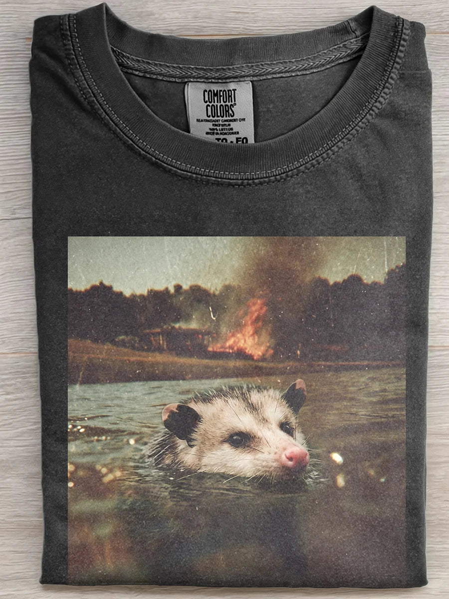 Vintage Washed Black Apocalypse Fire Swimming Opossum Funny Graphic Short Sleeve Tee