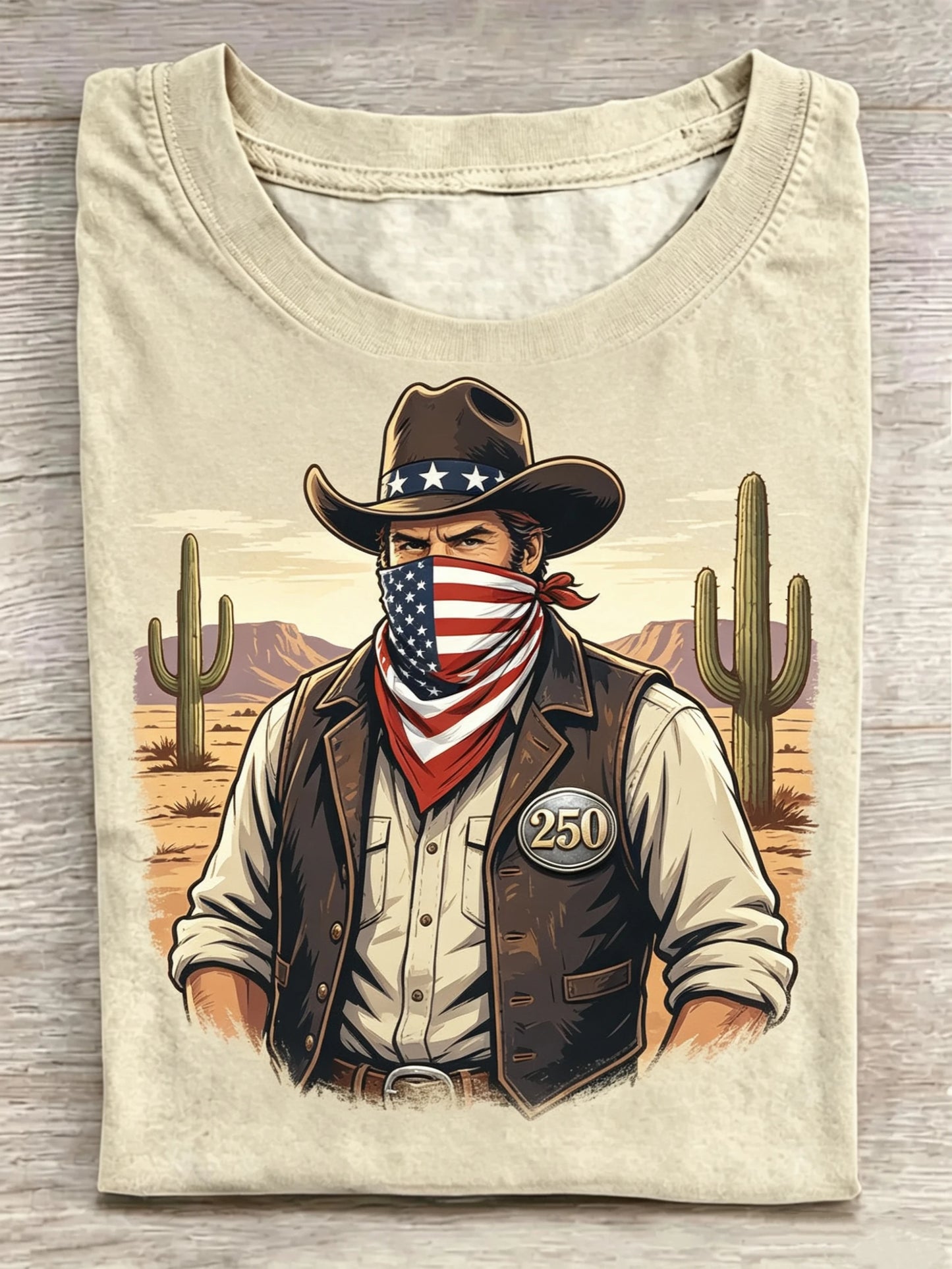 Western Cowboy USA Flag Bandana 250th Anniversary Desert Cactus Print Crew Neck Tee