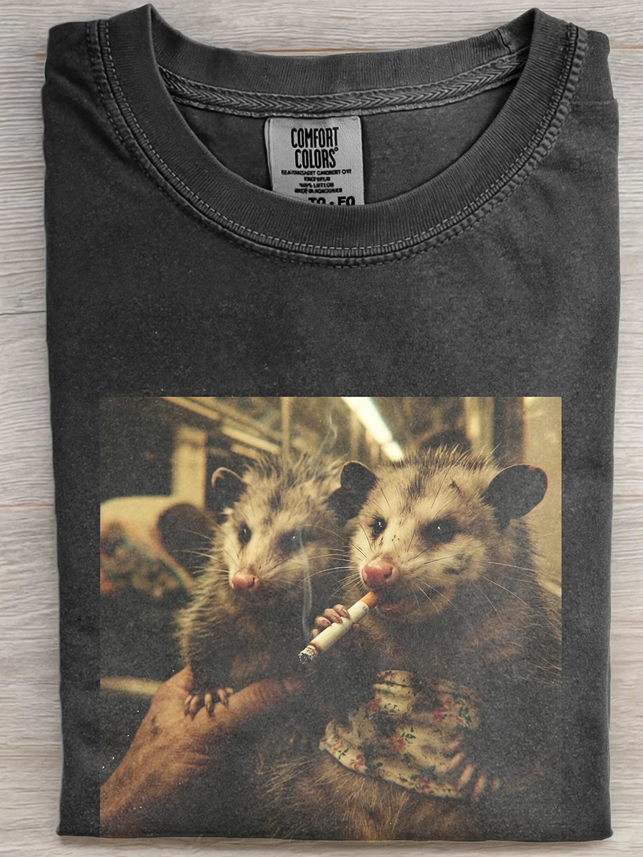 Vintage Washed Black Subway Smoking Opossum Holding Baby Funny Graphic Short Sleeve Tee