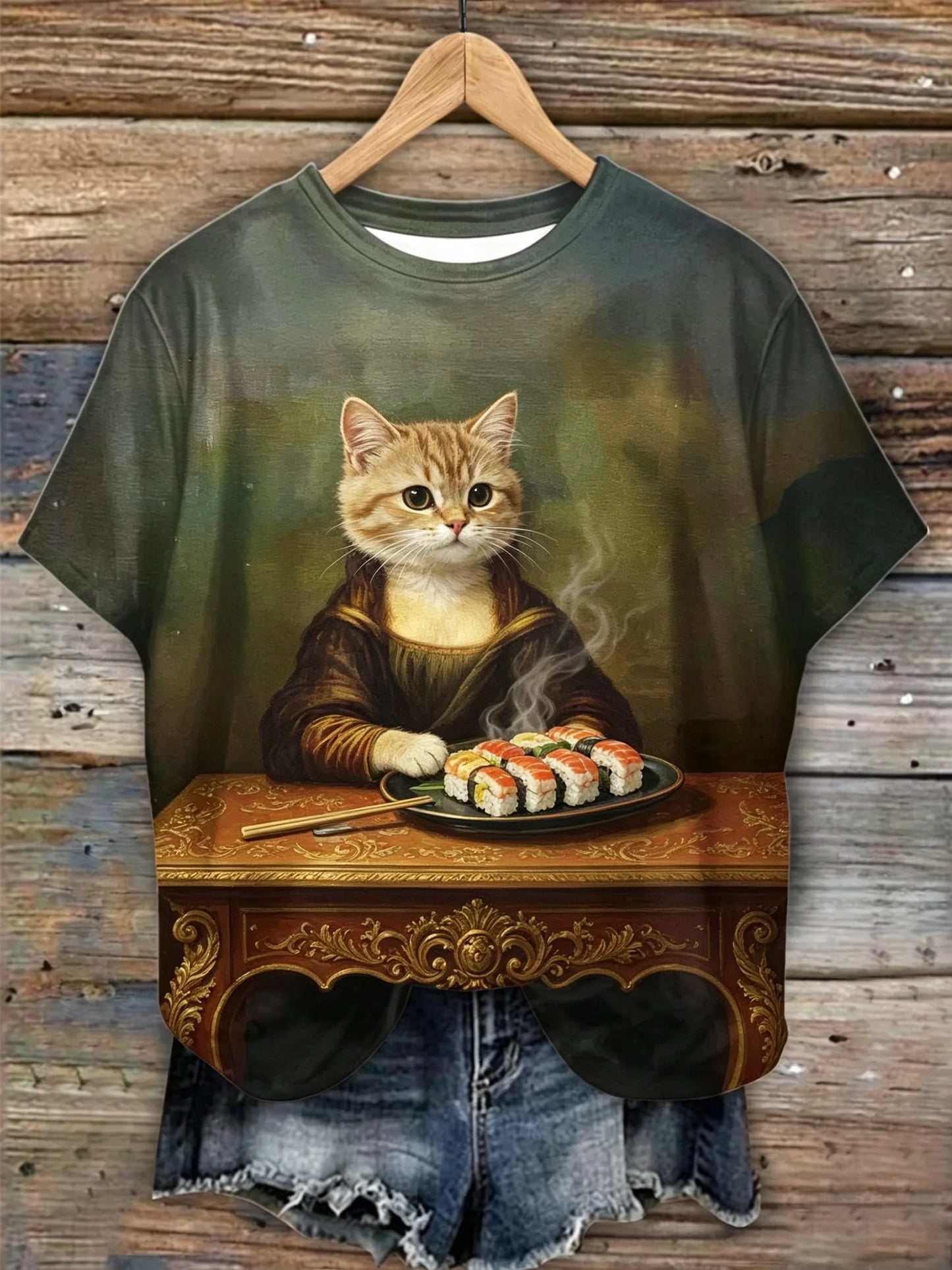Mona Lisa Orange Cat Eating Sushi Vintage Oil Painting Print Short Sleeve Tee