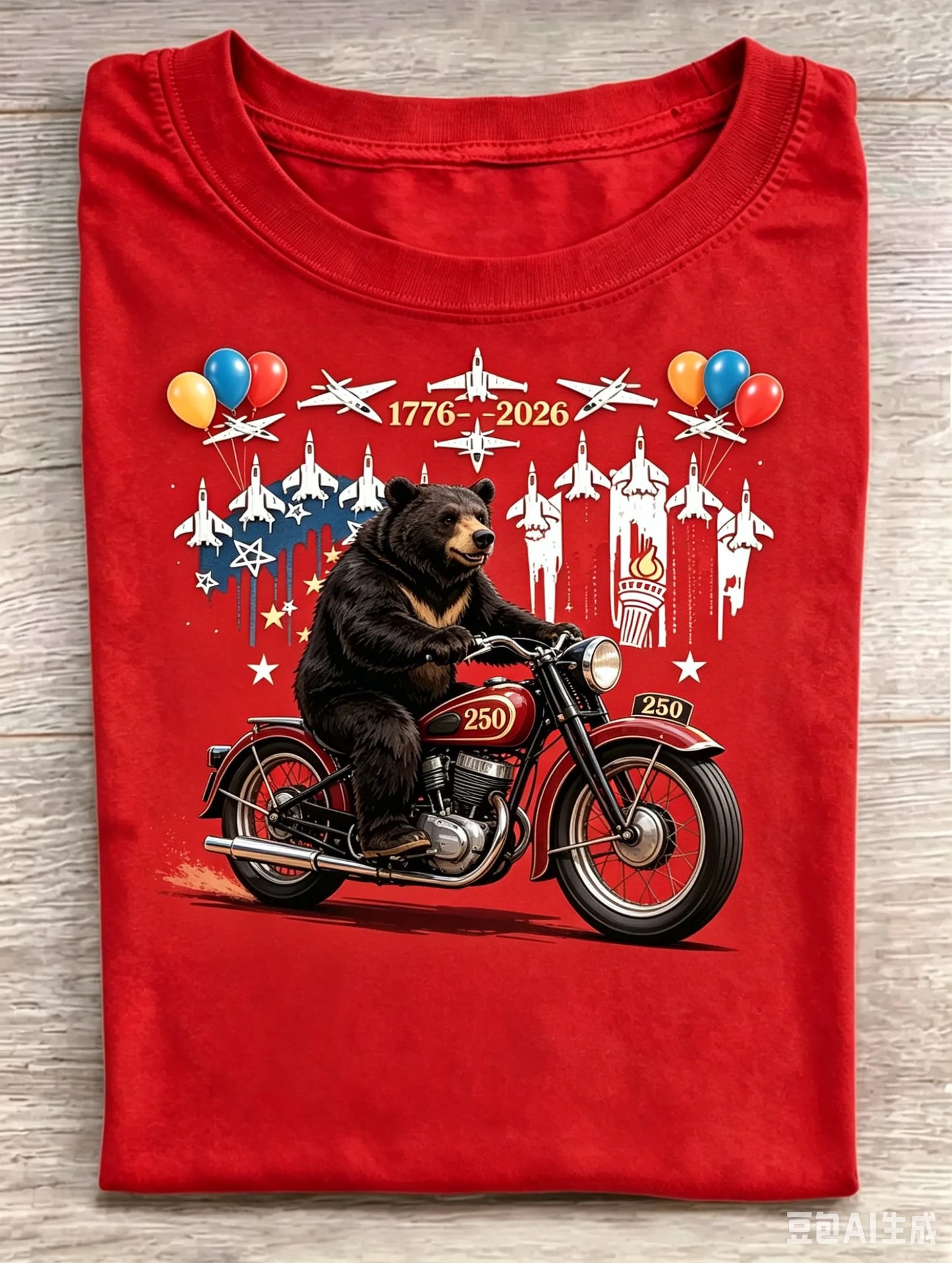 USA 250th Anniversary Black Bear Riding Motorcycle Fighter Jet Print Red Crew Neck Tee
