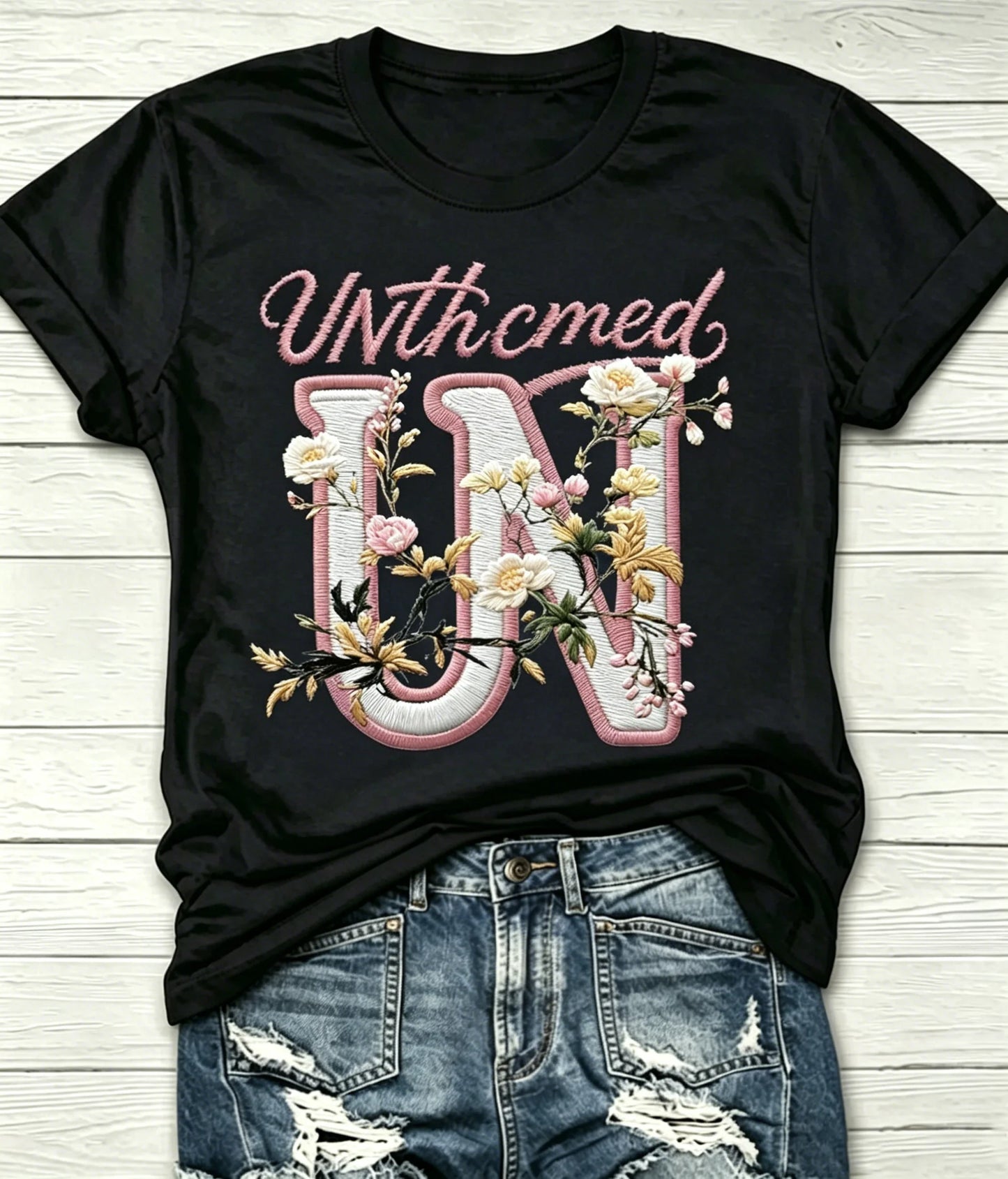 Women Vintage Floral Embroidery UNthcmed Graphic T-Shirt Black Crew Neck Short Sleeve Casual Tee