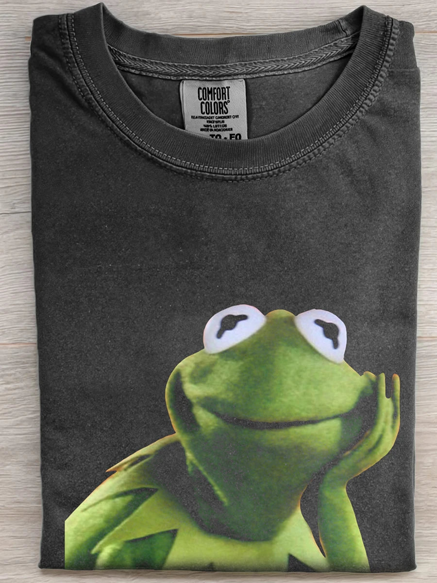 Vintage Washed Black Kermit The Frog Resting Face Funny Graphic Short Sleeve Tee