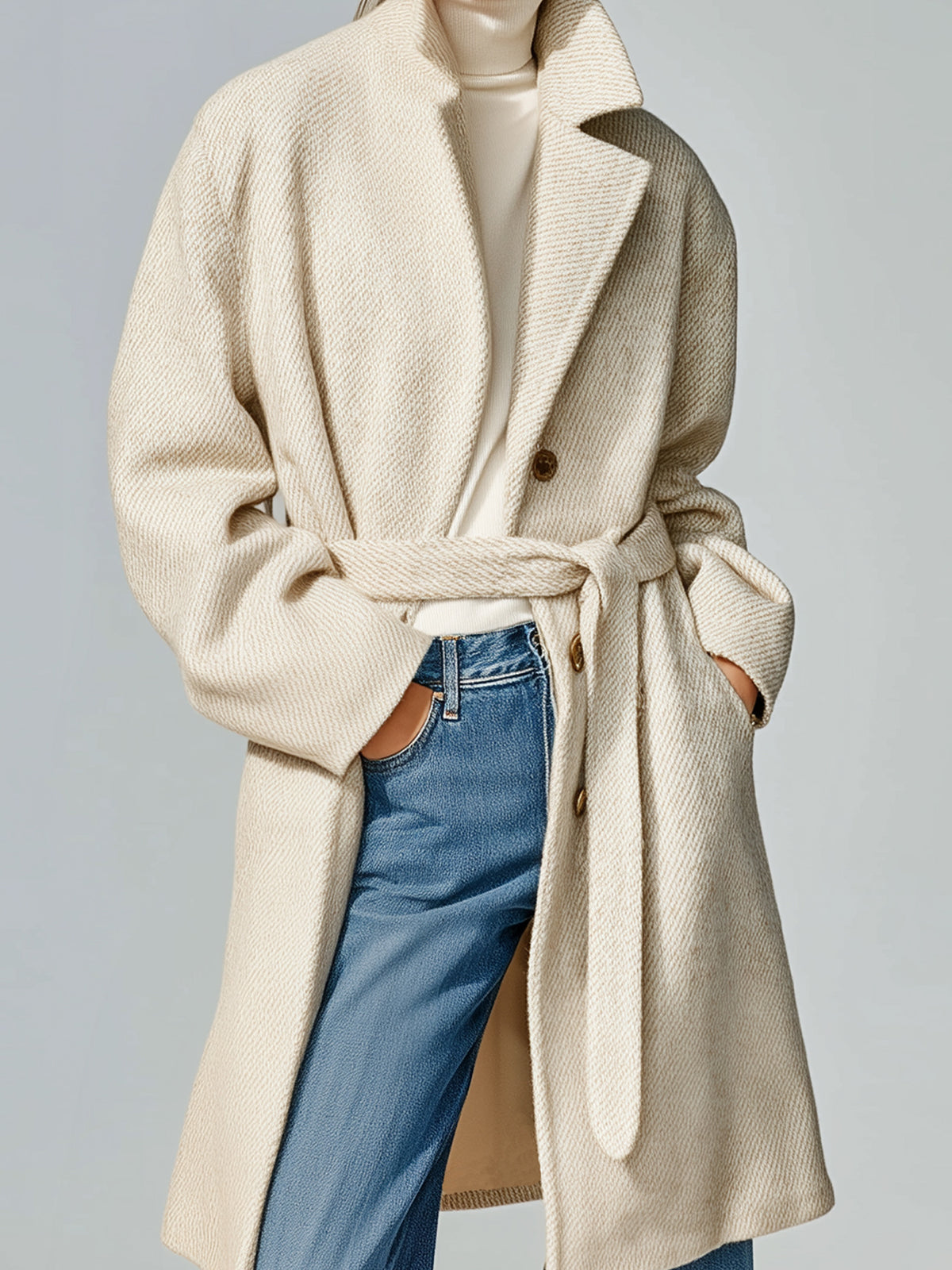 Taidalw Chic Vintage Cream White Twill Wool Blend Notched Collar Single-Breasted Belted Oversized Mid-Length Coat
