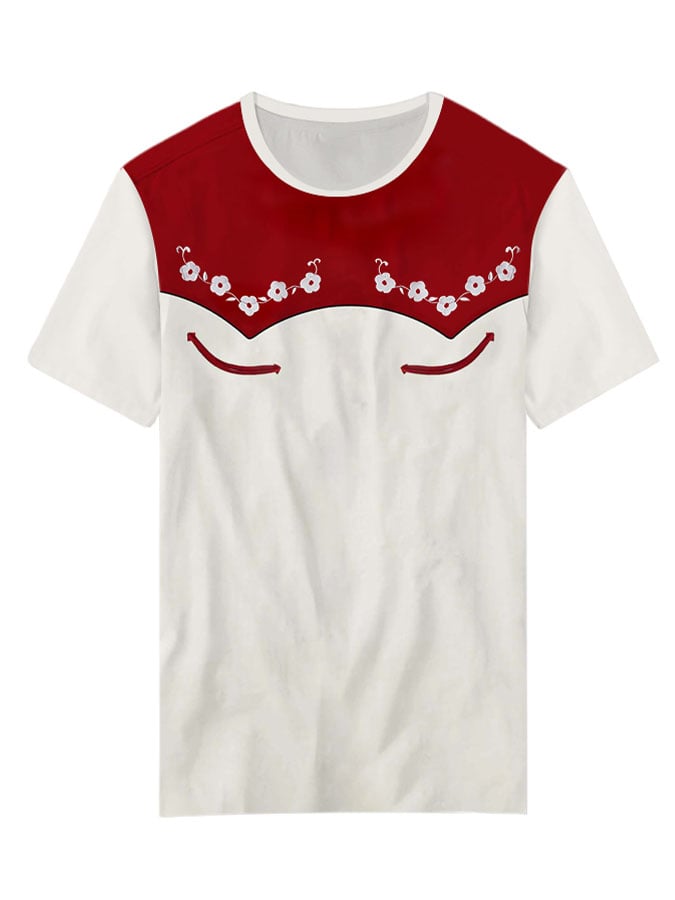 Women's Red Background Floral Print Crew Neck T-shirt