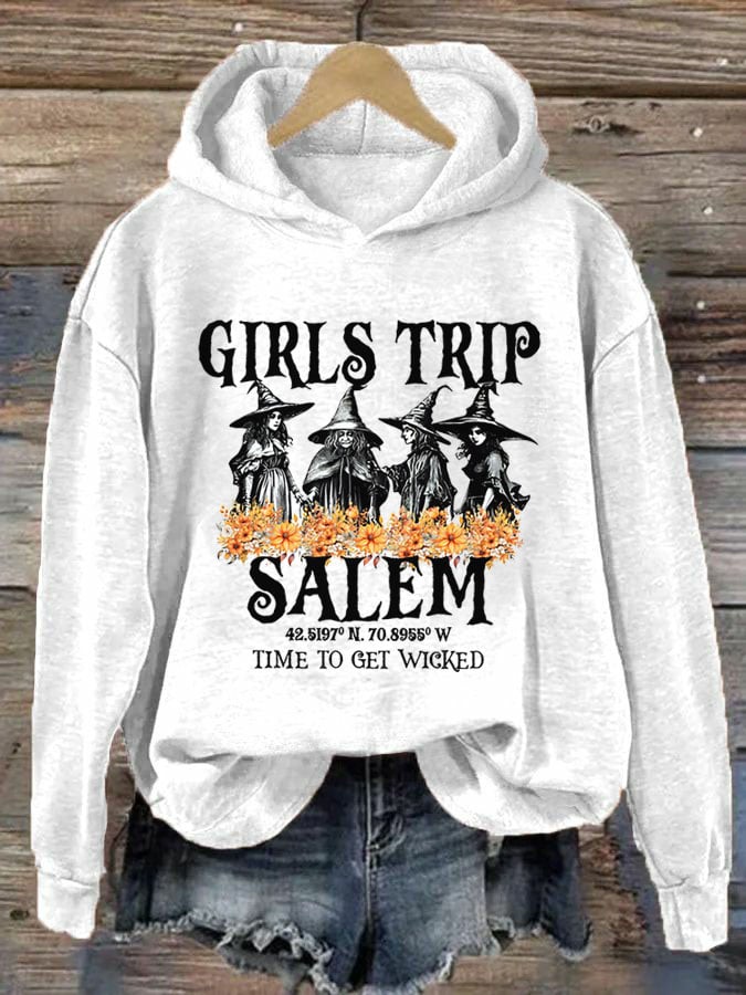 Women's Girl's Trip Salem Time To Get Wicked Halloween Print Hoodie