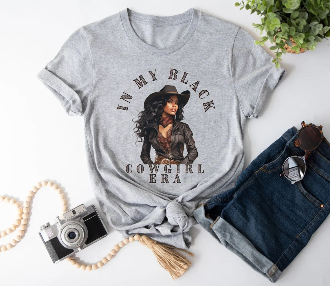 Melanin In My Black Cowgirl Era Crew Neck Short Sleeve Cotton T-shirt