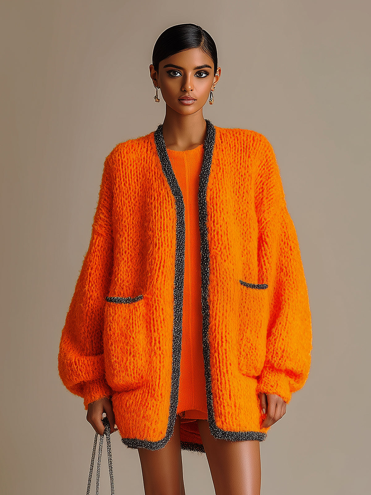 Taidalw Chic Casual Orange Contrast Trim Patch Pockets Oversized Mid-Length Knit Cardigan