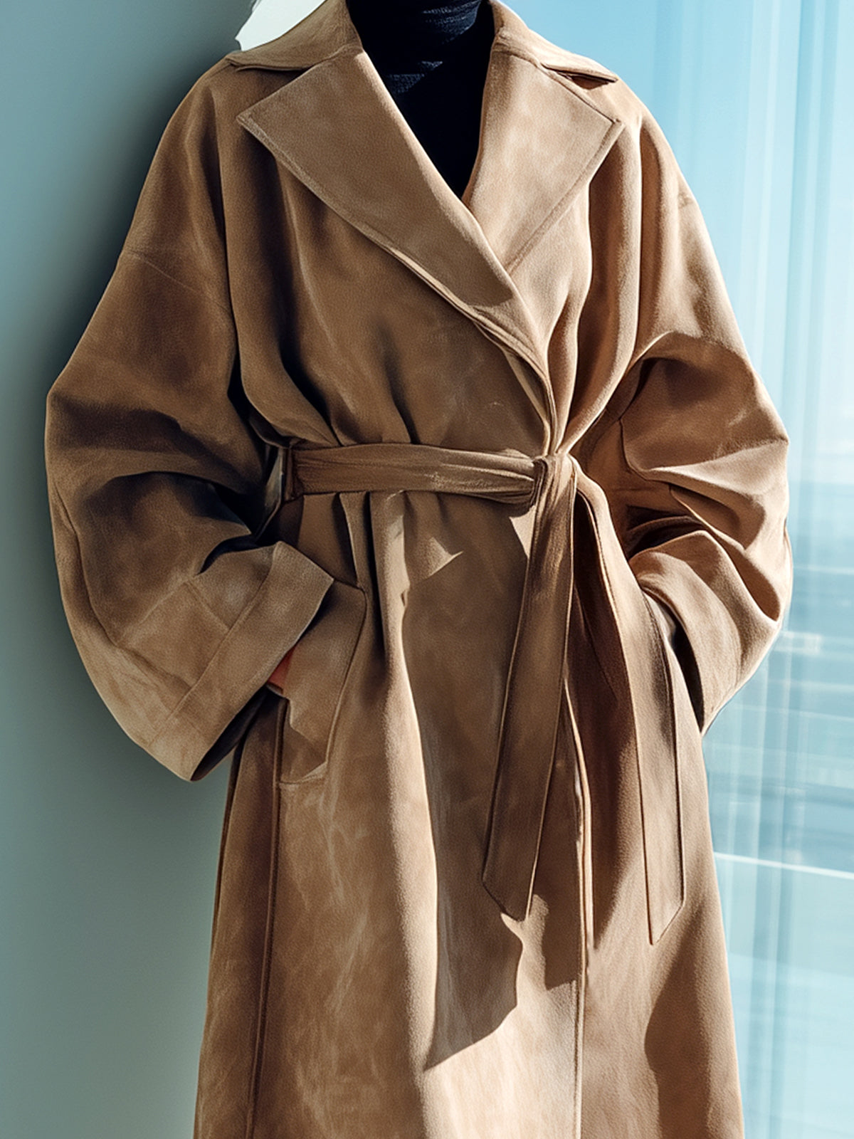 Taidalw Chic Vintage Camel Faux Suede Lapel Belted Relaxed Silhouette Long Wrap Coat