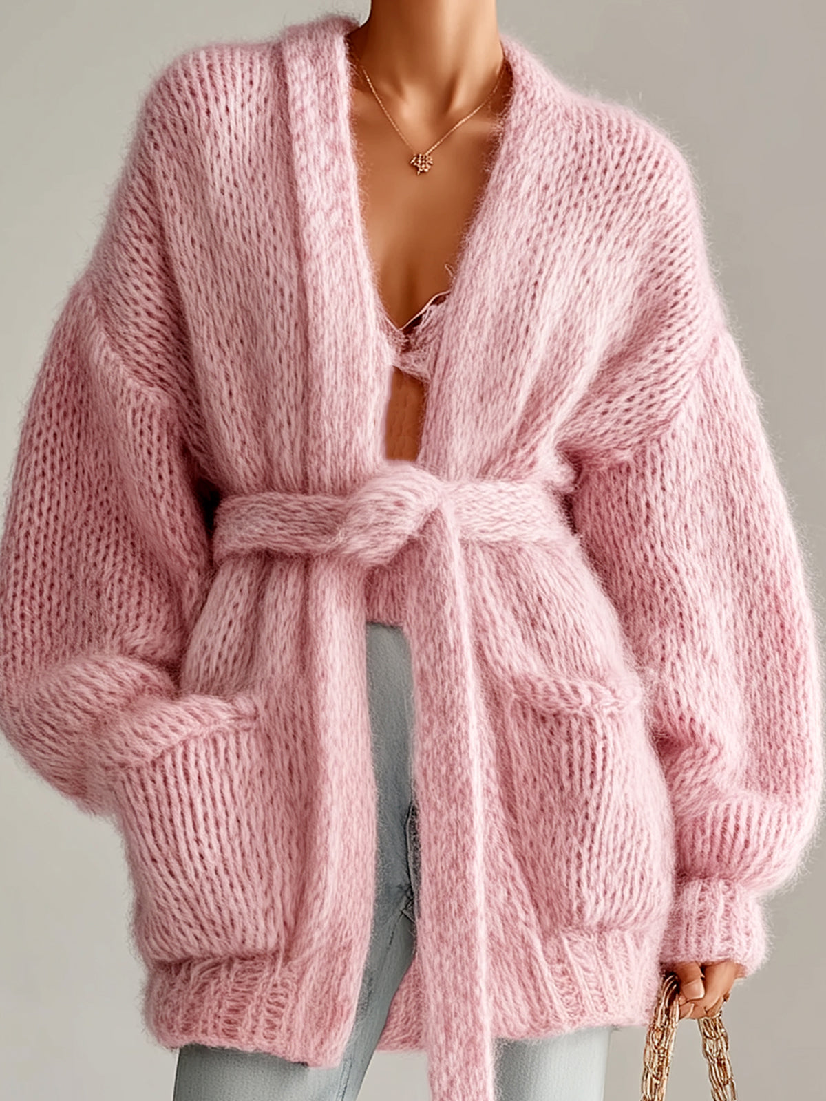 Taidalw Chic Vintage Pink V-Neck Oversized Tie-Waist Patch Pocket Fuzzy Knit Cardigan