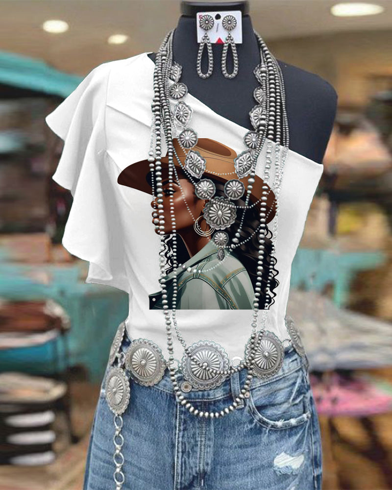 One Shoulder Ruffle Sleeve Cool Black Cowgirl Print Top