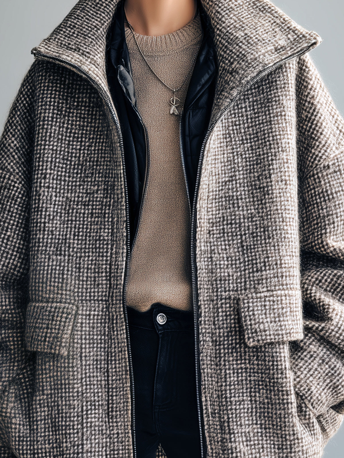 Taidalw Casual Chic Wool Blend Houndstooth Wide Lapel Patch Pockets Oversized Zip-Front Warm Coat