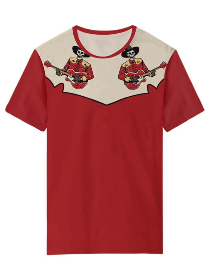 Women's Retro Western Skull Cowboy Playing Guitar Print Casual V-Neck Tee