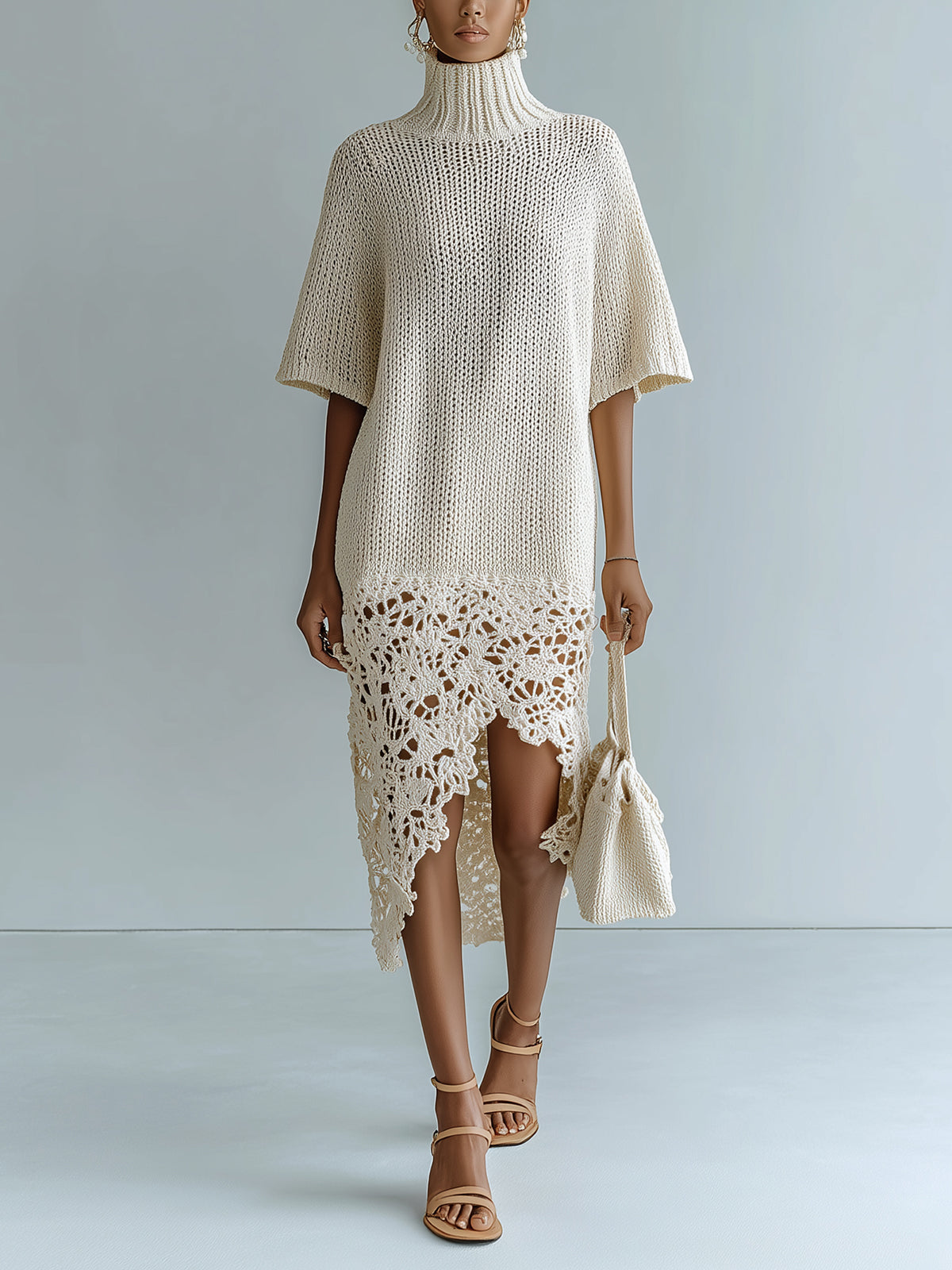 TaidalwChicElegantBeigeTurtleNeckShort-SleevePatchworkIrregularLaceHemRelaxed-FitKnitMidiDress