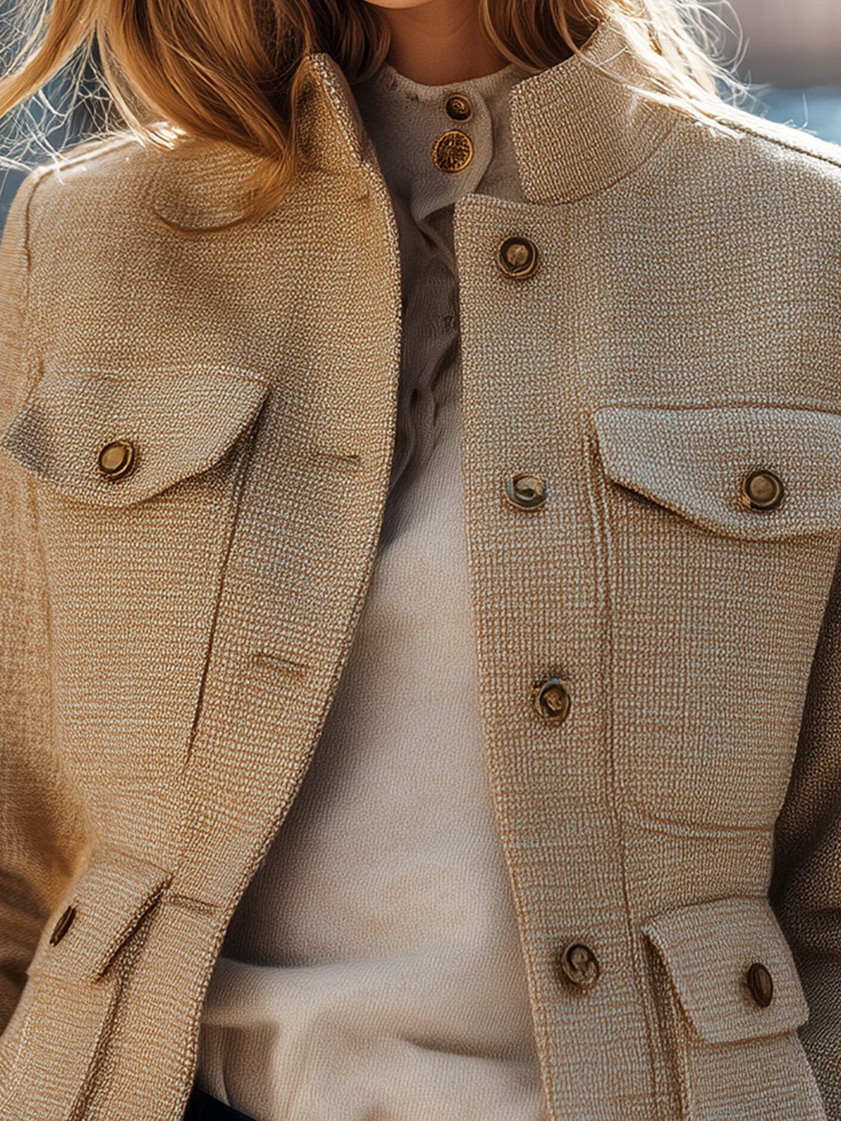 Taidalw Chic Casual Wool Blend Stand-up Collar Single-breasted Multi-pocket Safari Jacket