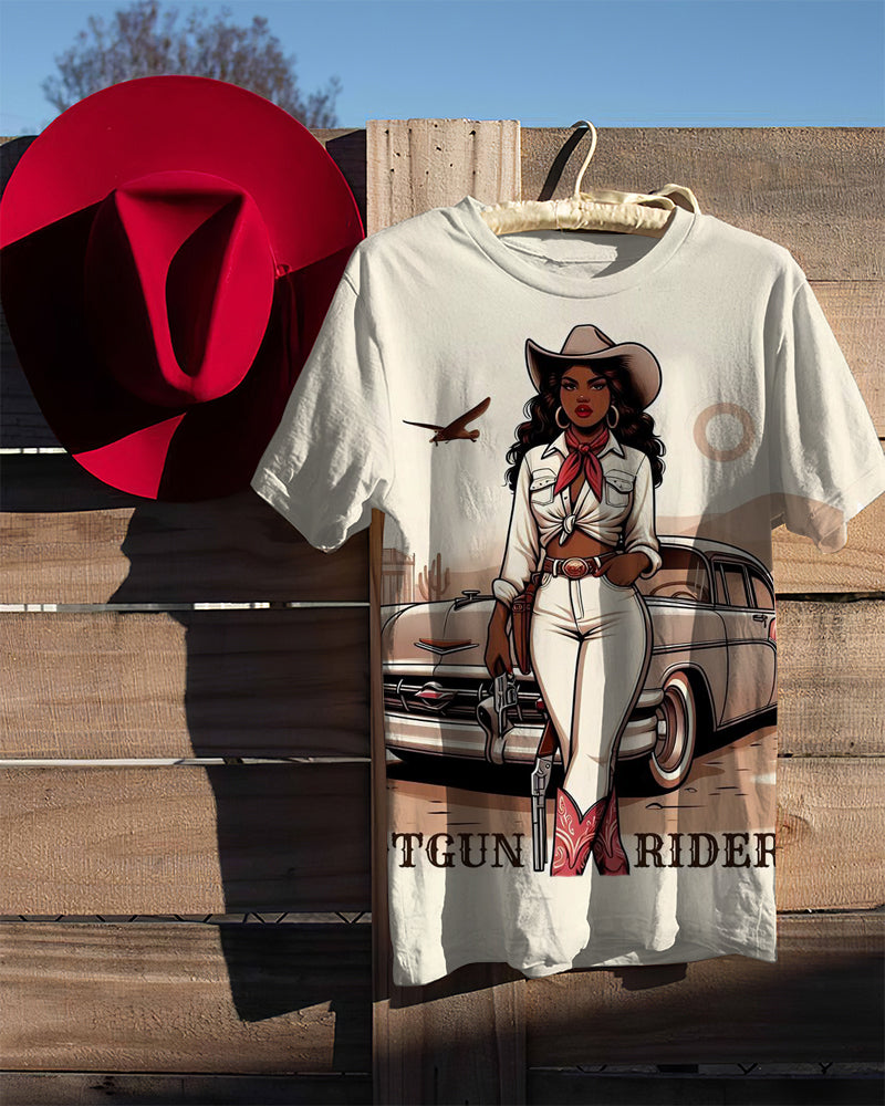 Brown Cowgirl Crew Neck Short Sleeve T-shirt