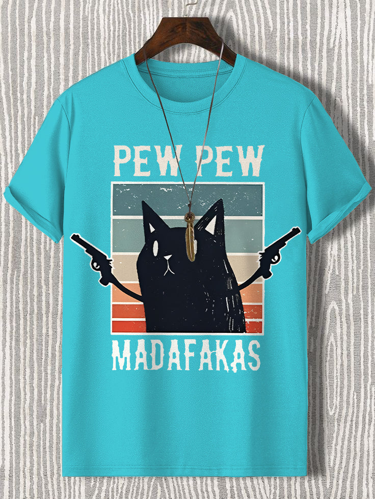 100% Cotton Pew Pew Madafakas Funny Cat Print Casual T-Shirt