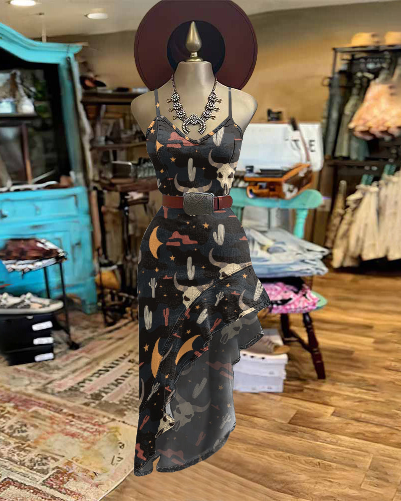 Cowgirl Print Irregular Ruffle Hem Slim Cami Dress