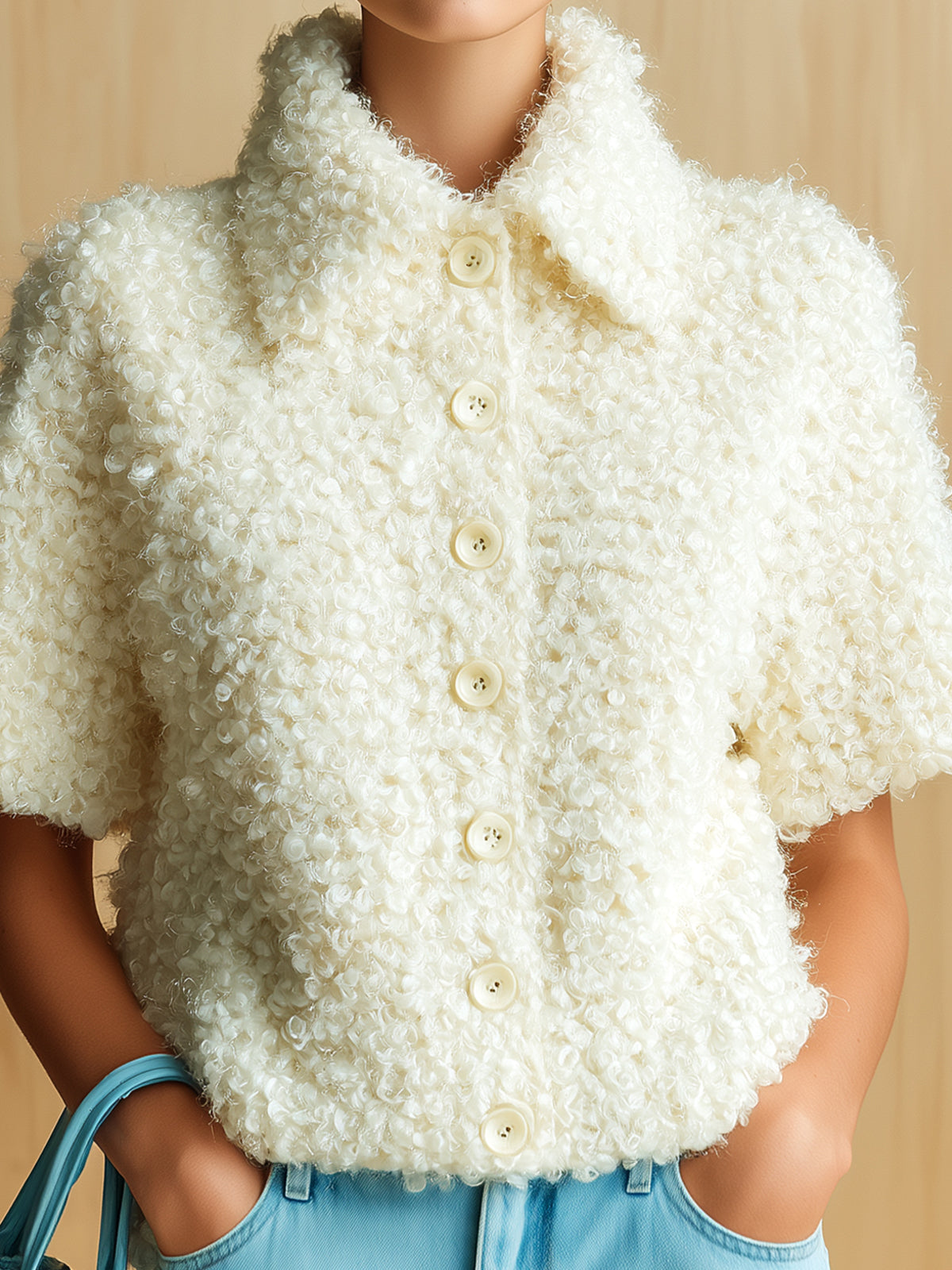 Taidalw Chic Vintage Cream White Lapel Single-Breasted Short-Sleeve Loose Fuzzy Knit Cardigan