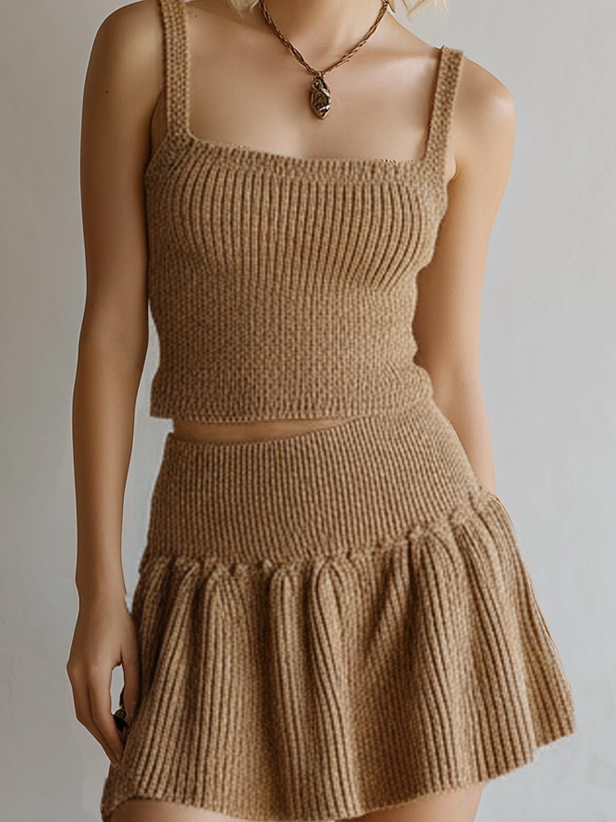 Taidalw Chic Casual Camel Square Neck Sleeveless Tank Top Mini Skirt Knit Two-Piece Set