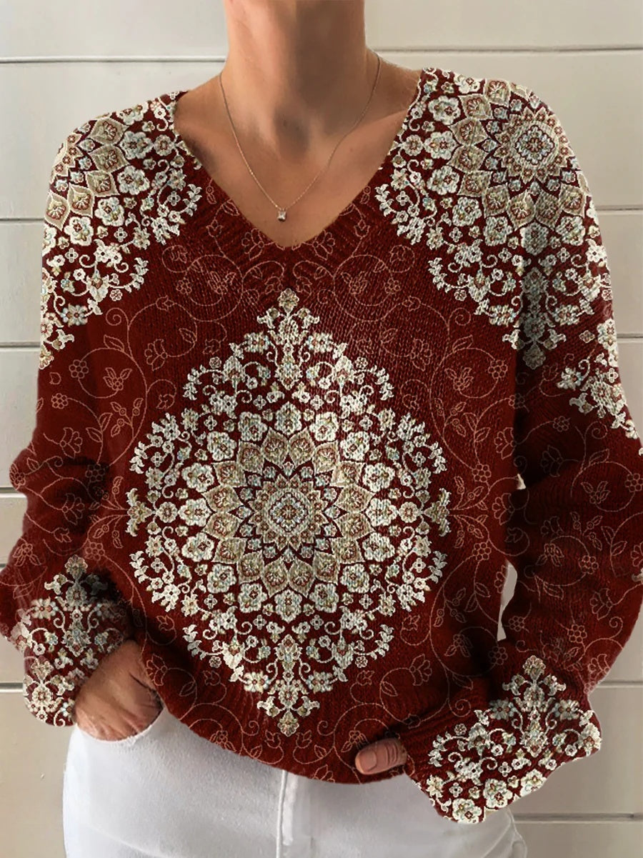 Women's Vintage Ethnic Floral Art Print Casual V-neck Pullover Knit