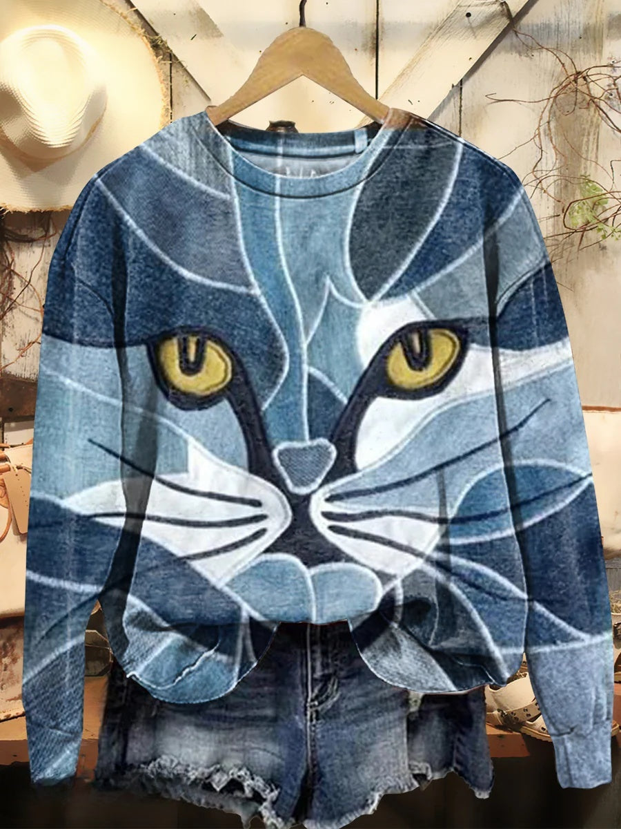 Women's Cat Patchwork Pattern Printed Round Neck Long Sleeve Sweatshirt