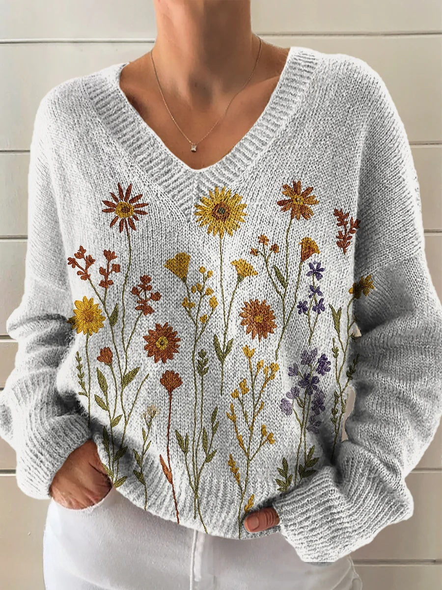 Women's Bohemian Floral Art Print Casual V-neck Pullover Knit