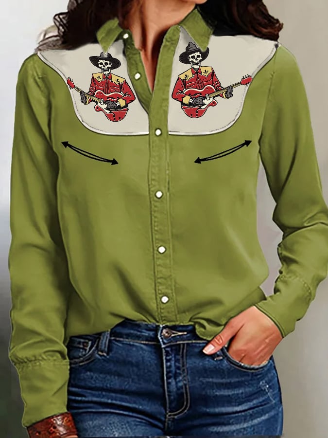 Women's Retro Western Skeleton Cowboy Playing Guitar Print Casual Shirt
