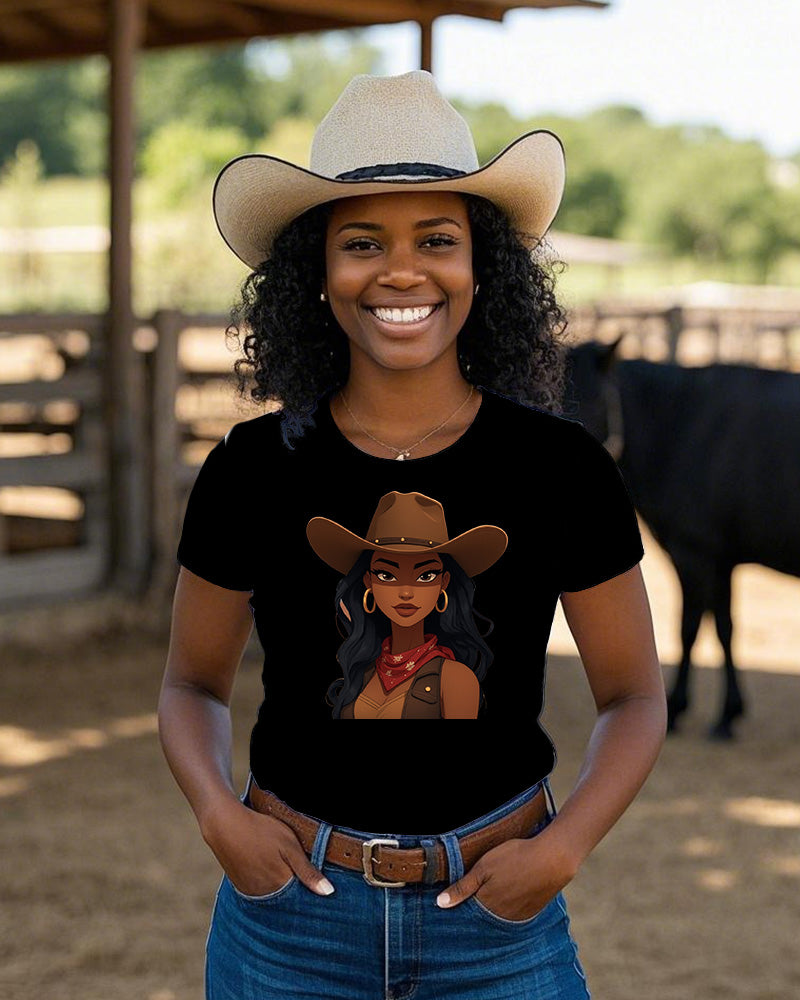 Cartoon Melanin Cowgirl Crew Neck Short Sleeve Cotton T-shirt