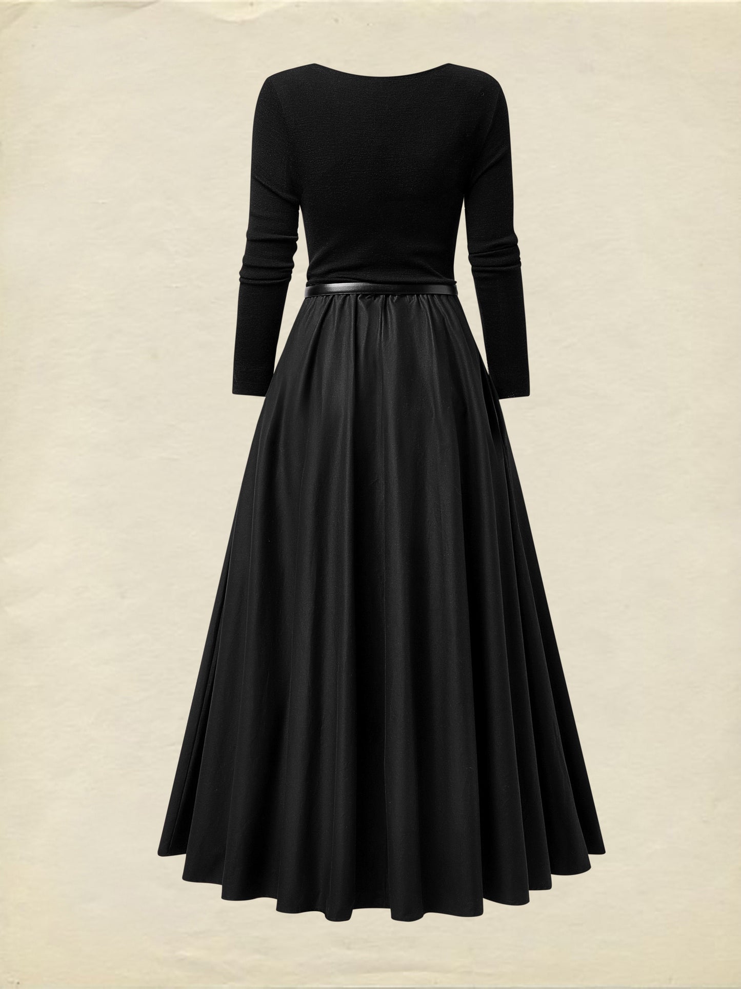 Maxi Dress, 100% Wool Top with Cotton Skirt, Long Sleeves, Round Neck, Plain, Belt Design, French Vintage, Black