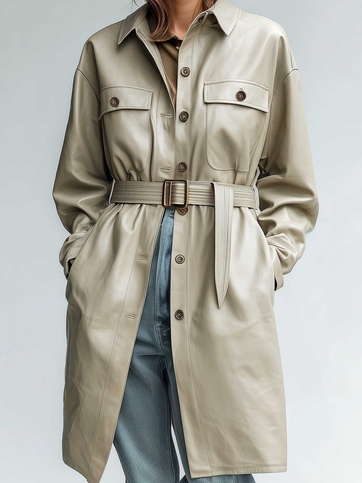 Taidalw Chic Casual Light Khaki Faux Leather Utility-Style Lapel Single Breasted Belted Mid-Length Coat