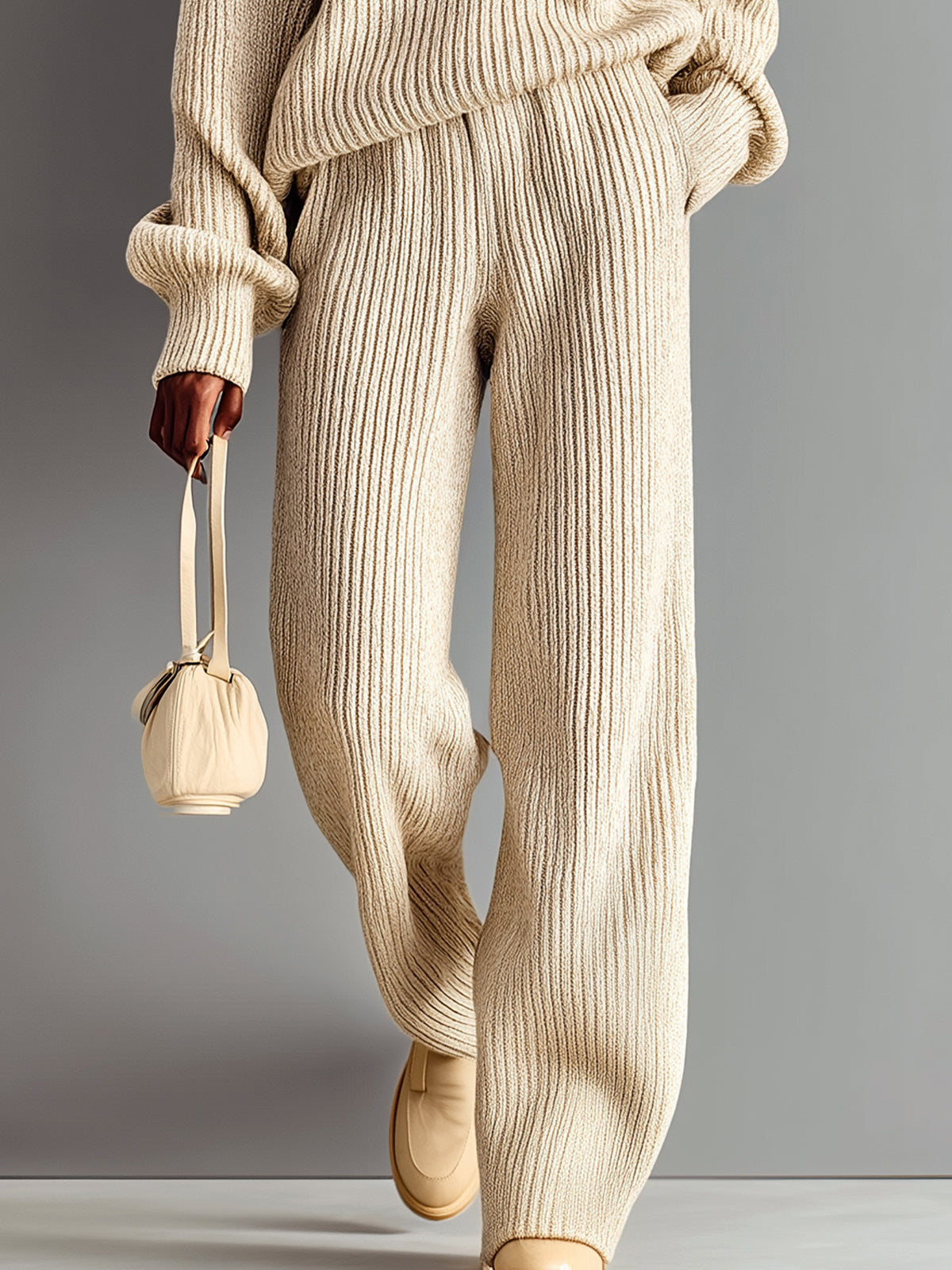 Taidalw Chic Casual Beige Half-Zip Mock Neck Long Sleeve Top Wide-Leg Pants Ribbed Knit Two-Piece Set