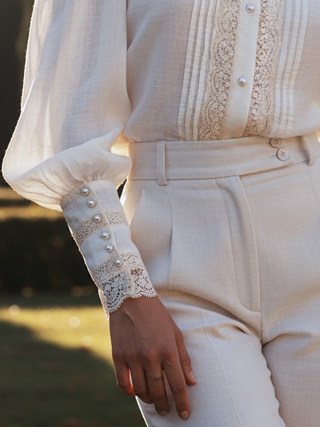 Linen Shirt, Long Sleeves, Stand Collar, Plain, Lace, Vintage, Ivory