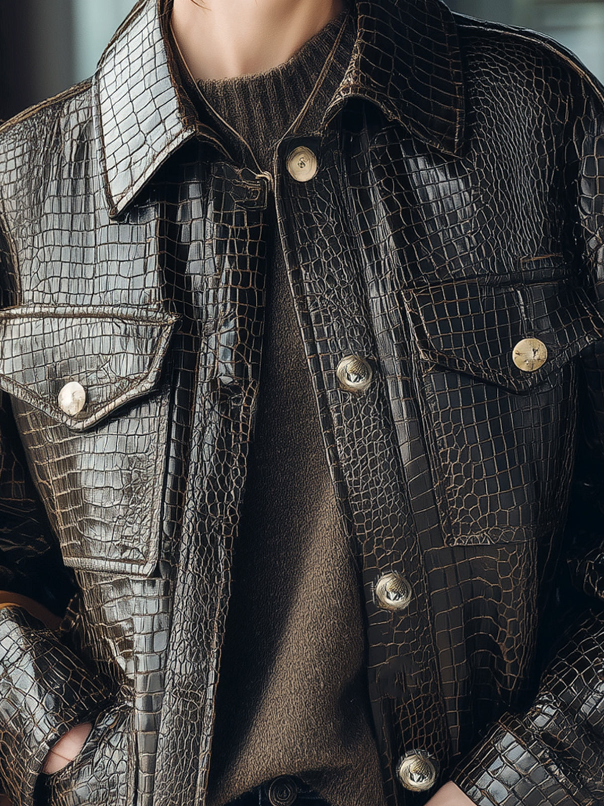 Taidalw Casual Dark Brown Crocodile Embossed Faux Leather Lapel Single-Breasted Utility Pocket Jacket