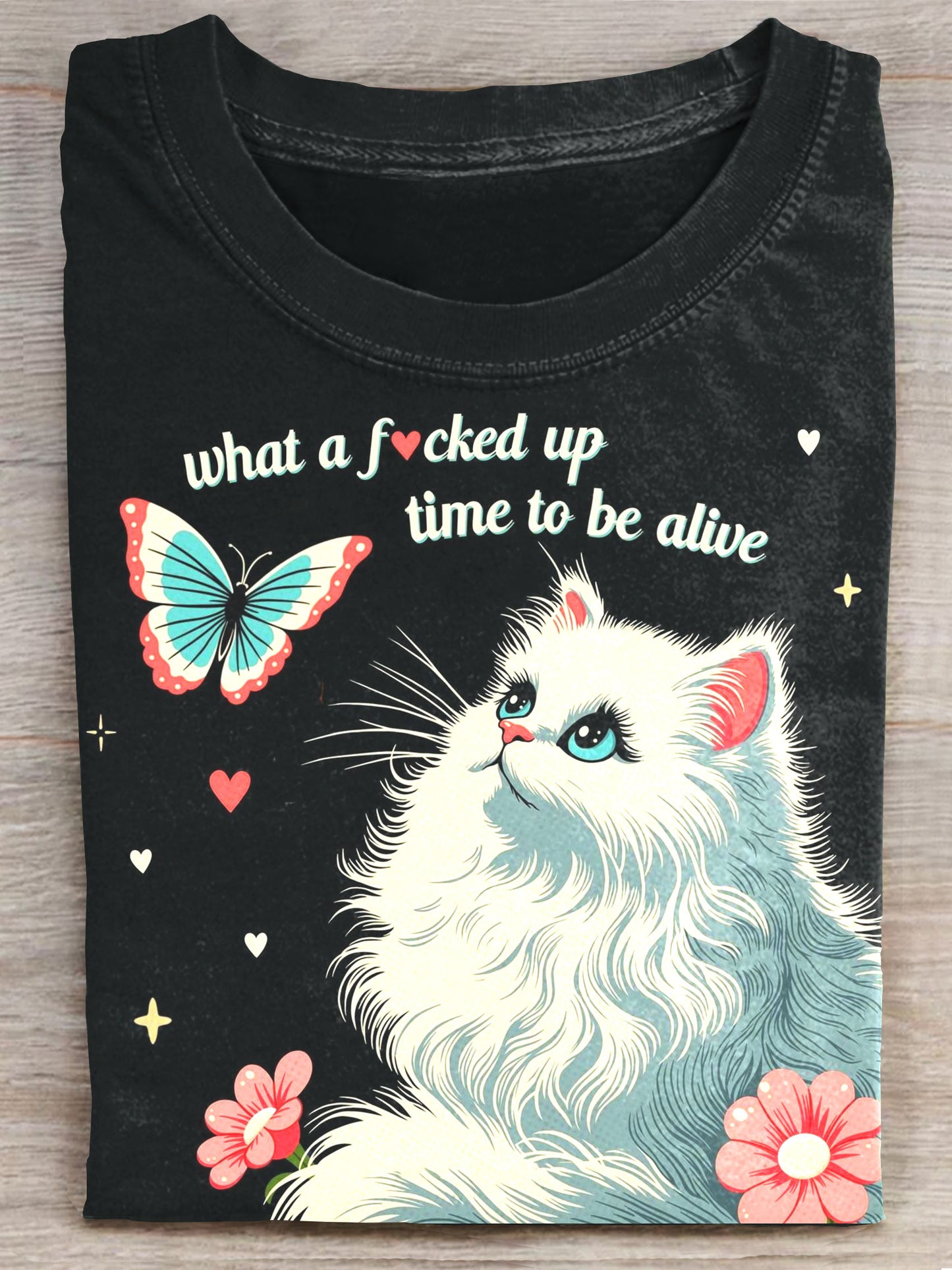 Funny Vintage Humor Cat Art Print Casaul Short Sleeve T-shirt