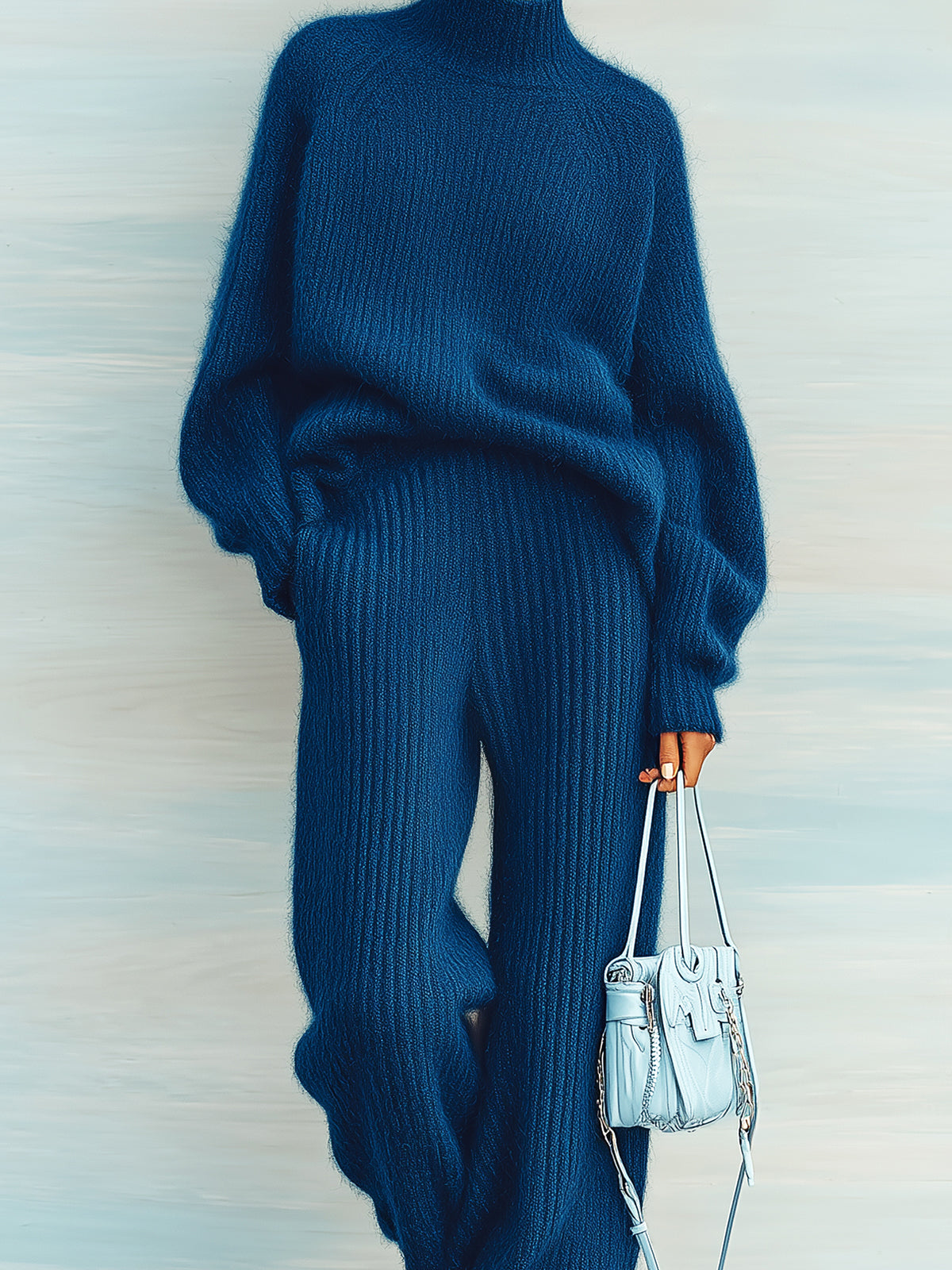 Taidalw Chic Vintage Navy Mock Neck Long Sleeve Oversized Sweater Wide-Leg Pants Fuzzy Ribbed Knit Two-Piece Set