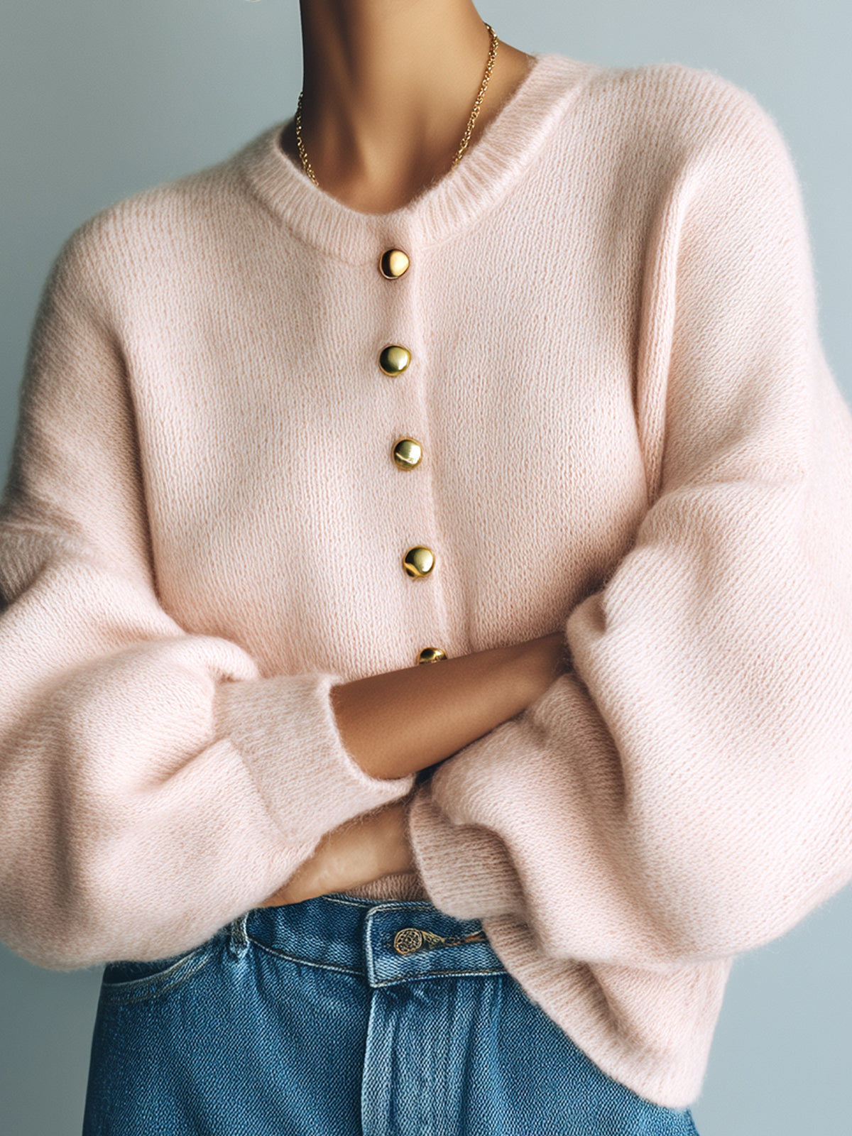 Taidalw Chic Vintage Pink Round-Neck Single-Breasted Long Lantern Sleeve Loose Knit Cardigan