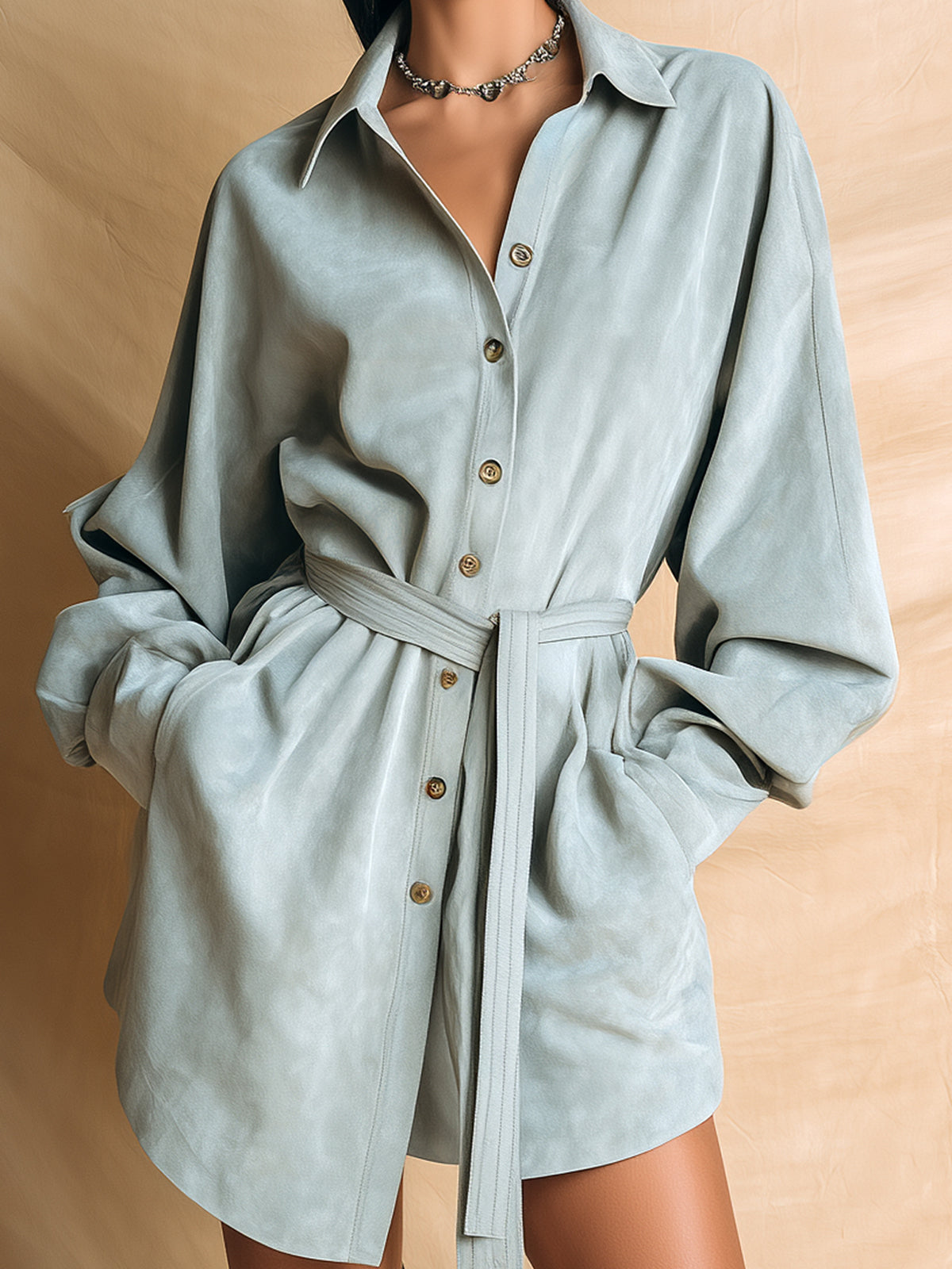 Taidalw Chic Vintage Light Gray Faux Suede Lapel Single-Breasted Long Sleeve Loose Fit Belted Asymmetrical Hem Mini Dress